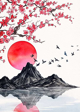 Cherry Blossom Red Sun Watercolor A