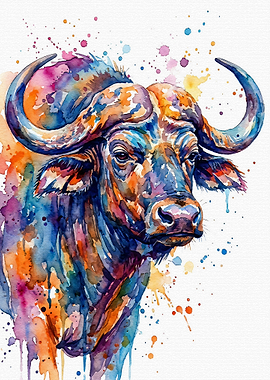 Colorful Watercolor African Buffalo Portrait