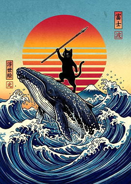 Black Cat Riding Whale Ukiyo-e Art
