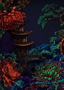 Traditional Asian Pagoda and Floral Garden
