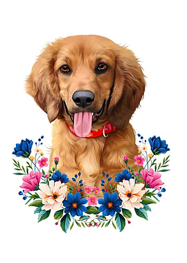 Happy dog Portrait with Floral Wreath