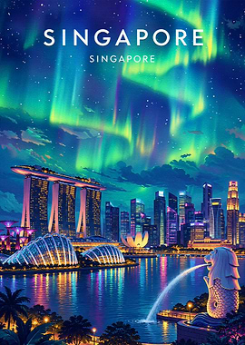 Singapore Cityscape with Aurora Borealis