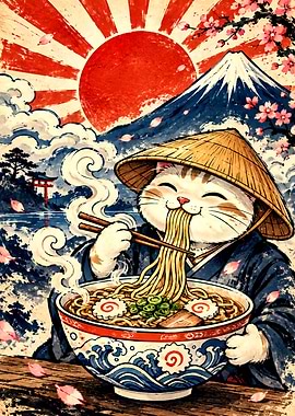 Cute Cat Eating Ramen