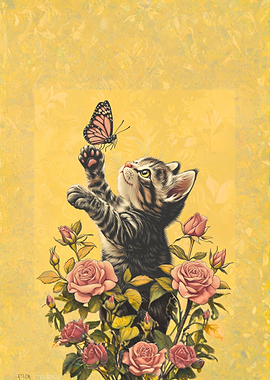 Tabby Kitten Playing with Butterfly