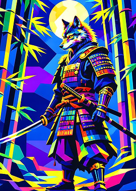 Colorful Wolf Samurai in Bamboo Forest