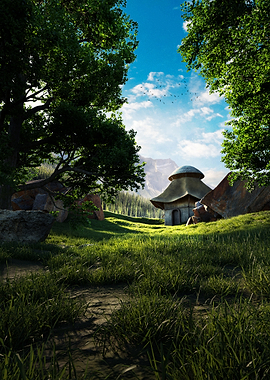 Fantasy Hut in a Lush Meadow