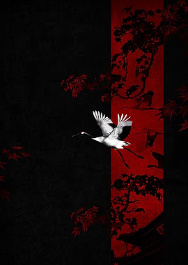 Red and Black Japanese Crane Art