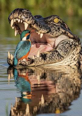 Kingfisher Perched on Crocodile Jaws