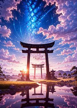 Torii Gates Under Celestial Sky Japan Landscape