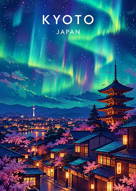 Kyoto Japan Aurora Night Poster