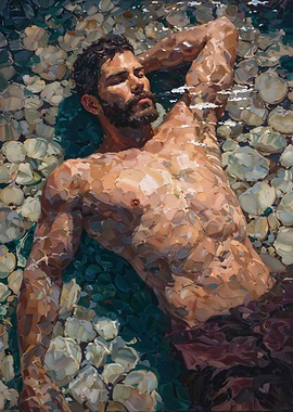 Bearded Man Floating Among Clear River Stones