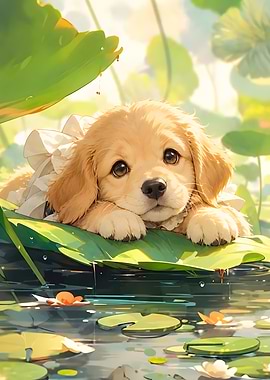 Cute Golden Puppy On Lotus Leaf
