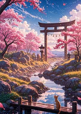 Cat sitting on bridge in Japan Sakura Cherry Blossom Torii Gate