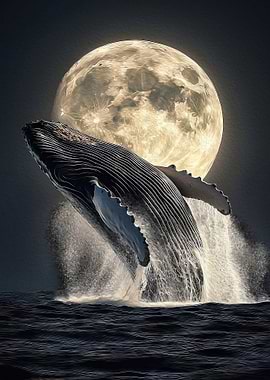 Humpback Whale Breaching Under Full Moon