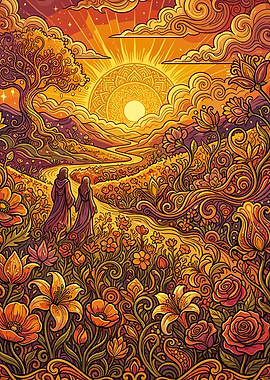 Two Figures Walking Through Golden Garden
