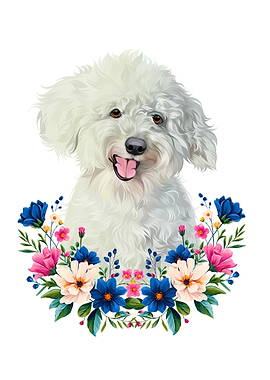 Happy White Dog with Floral Wreath