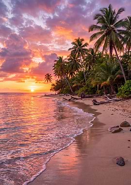 Tropical Beach Sunset with Palm Trees