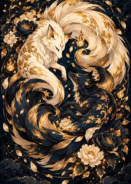 Dual Kitsune Yin Yang Floral Art