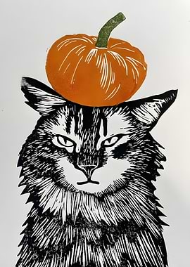 Cat with Pumpkin Linocut Print