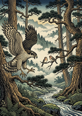 Hawk Hunting Small Birds in Forest