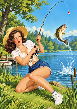 Pin-up Girl Fishing at Lake