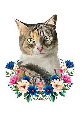 Calico Cat Portrait with Floral Wreath