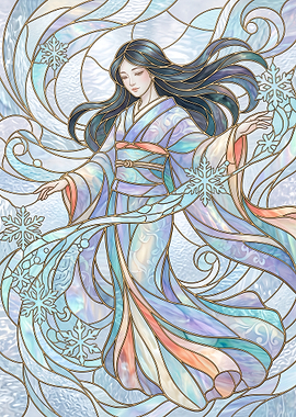 Yuki-onna Stained Glass Japanese Mythological Snow Spirit Displate Metal Poster