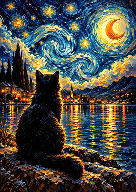 Black Cat Watching Starry Night