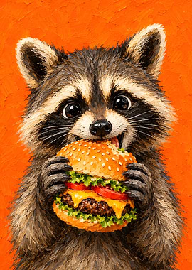 Cute Raccoon Eating a Cheeseburger