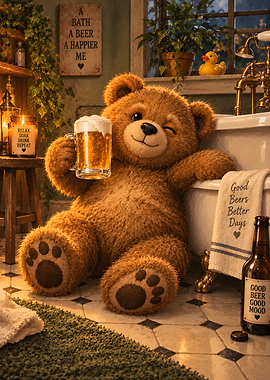 Cozy Teddy Bear Relaxing With Beer