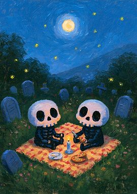 Skeletons Having a Midnight Pizza Picnic