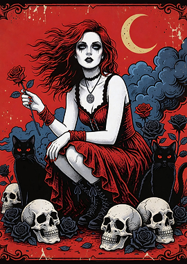 Gothic Witch with Black Cats and Skulls