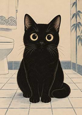 Vintage Japanese Black Cat Bathroom Portrait