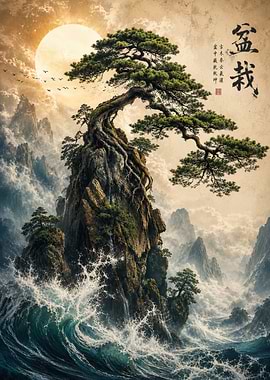 Bonsai Tree on Rocky Sea Cliff