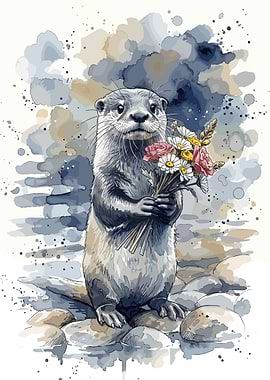 Cute Otter Holding Wildflower Bouquet