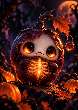 Cute Pumpkin Creature with Glowing Skeleton