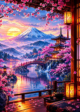 Serene Japanese Temple at Sunset