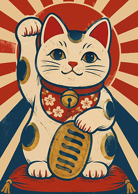 Japanese Maneki-neko Lucky Cat Ukiyo-e Metal Poster, No Text