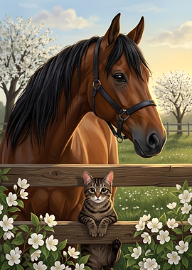 Horse and Tabby Cat in Spring