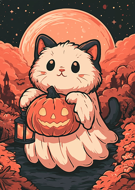 Cute Ghost Cat Halloween Illustration