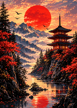 Pagoda at Sunset Over Mountain Lake