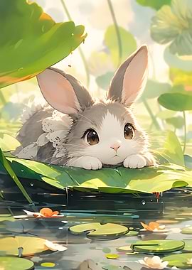 Cute Little Bunny On Lotus Leaf