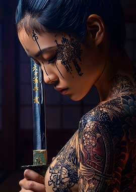 Tattooed Woman Holding Katana Sword