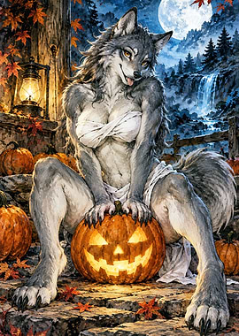 Anthropomorphic Wolf Girl Halloween Scene