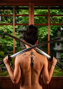 Warrior with Katana Swords and Tattoo