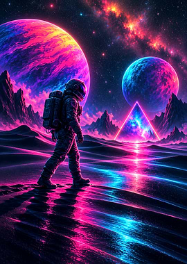 Astronaut Walking on Neon Planet