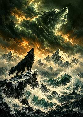 Wolf Howling at Stormy Sky