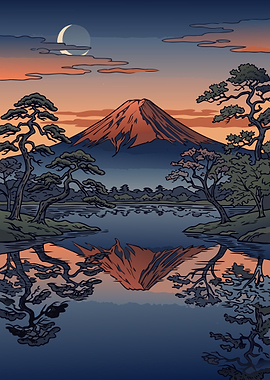 Mount Fuji Sunset Reflection Art