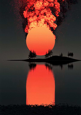 Volcanic Eruption Under Red Sun