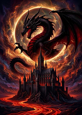 Black Dragon Over Gothic Castle